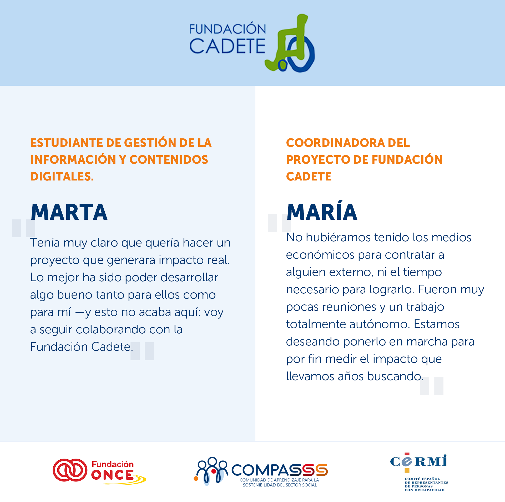 Testimonios sobre un proyecto de Fundación Cadete. A la izquierda, una estudiante de Gestión de la Información y Contenidos Digitales explica que desarrolló un proyecto con impacto real y continuará colaborando con la fundación. A la derecha, una persona coordinadora de Fundación Cadete destaca que el proyecto se realizó con pocas reuniones y de forma autónoma, permitiendo avanzar en la medición del impacto de la organización. En la parte superior aparece el logotipo de Fundación Cadete y en la inferior los logotipos de Fundación ONCE, COMPASSS y CERMI.