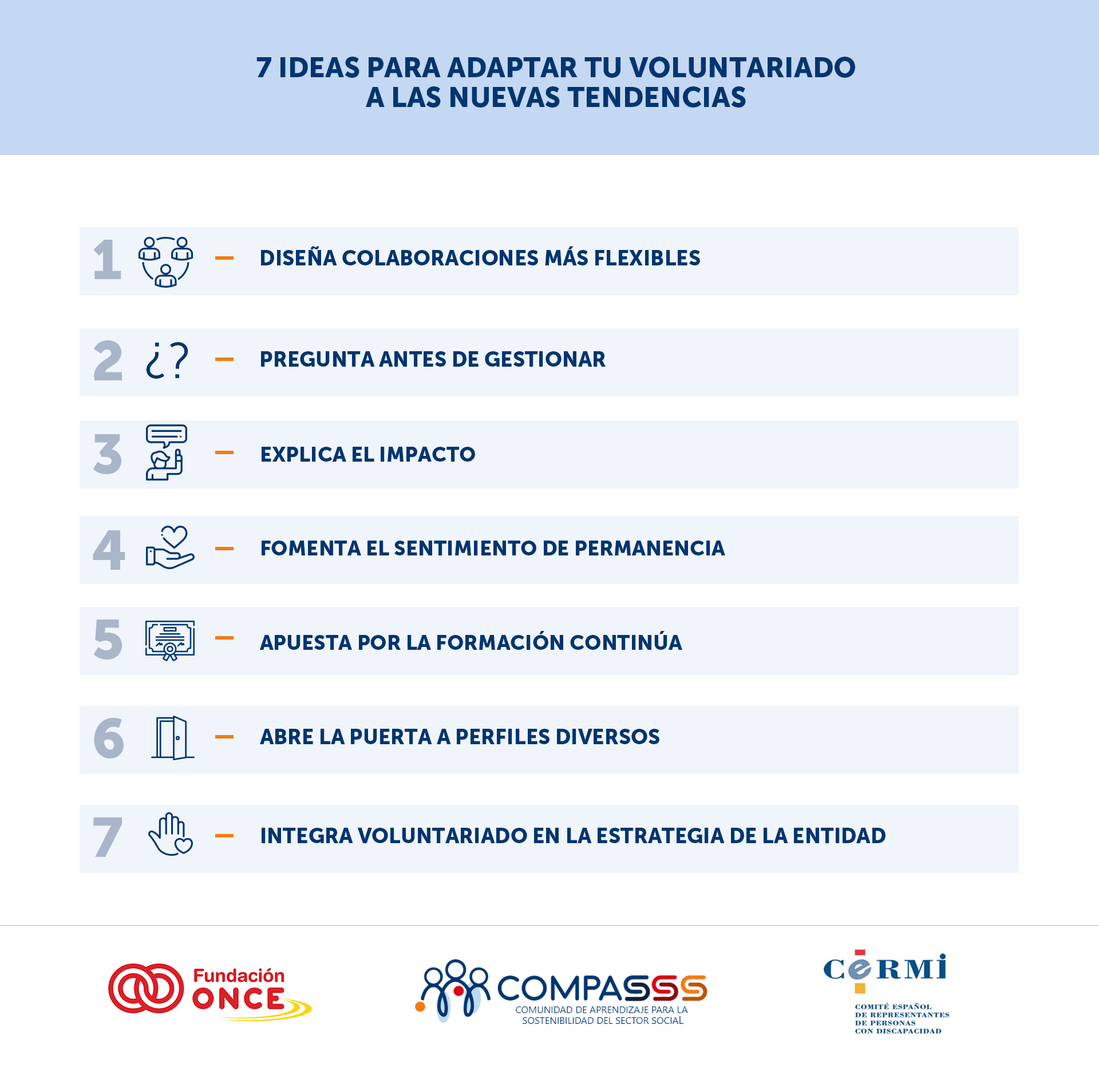 Infografía titulada «7 ideas para adaptar tu voluntariado a las nuevas tendencias», que recoge estas recomendaciones: diseñar colaboraciones más flexibles, preguntar antes de gestionar, explicar el impacto, fomentar el sentimiento de permanencia, apostar por la formación continua, abrir la puerta a perfiles diversos e integrar el voluntariado en la estrategia de la entidad. En la parte inferior aparecen los logotipos de Fundación ONCE, COMPASS y CERMI.