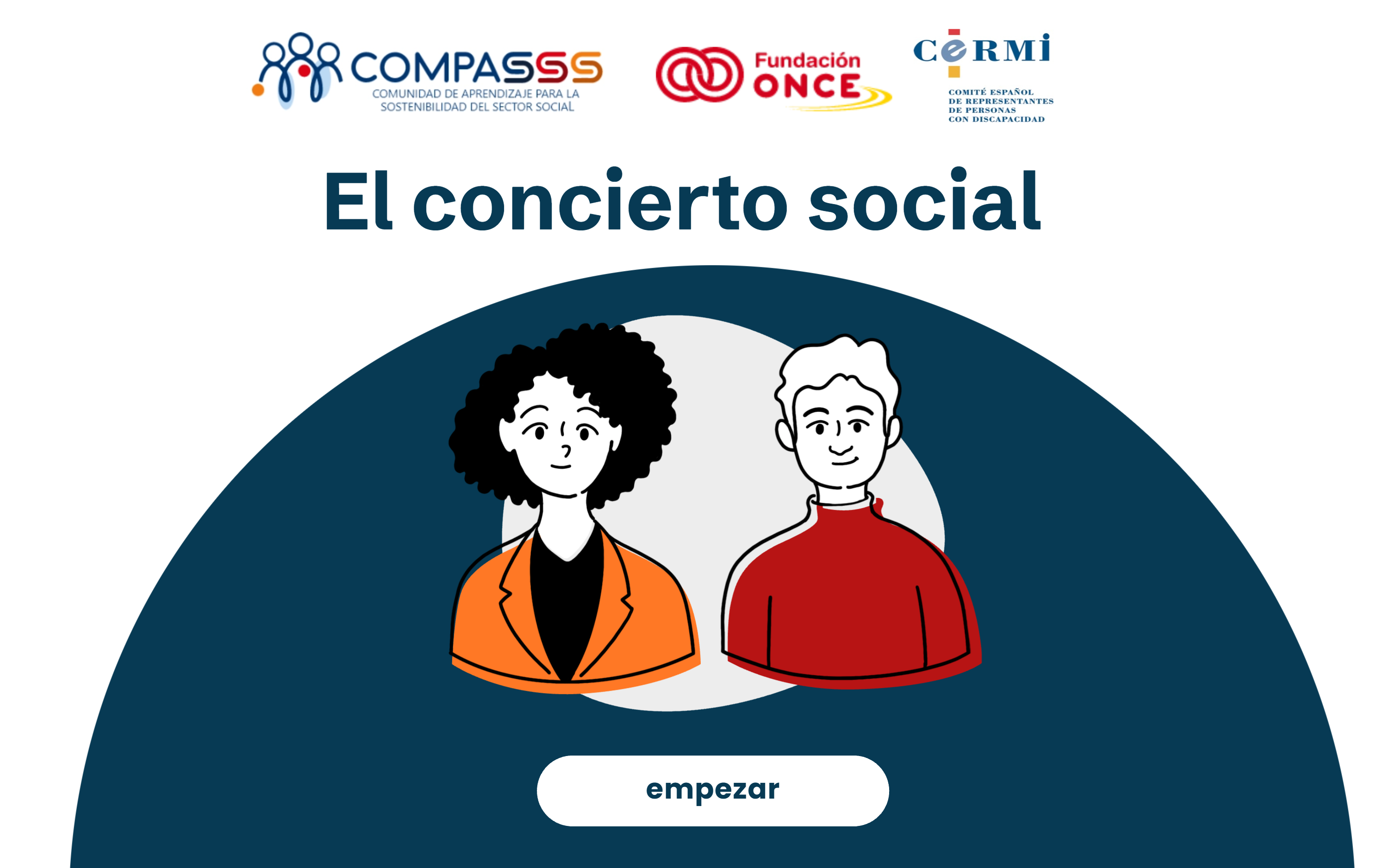nfografía sobre los contenidos de la pieza de aprendizaje dedicada al concierto social: concepto y diferencias con otras fórmulas de colaboración público-privada, oportunidades para las entidades sociales, regulación en España y principales retos de implantación. Incluye los logos de Fundación ONCE, COMPASS y CERMI.