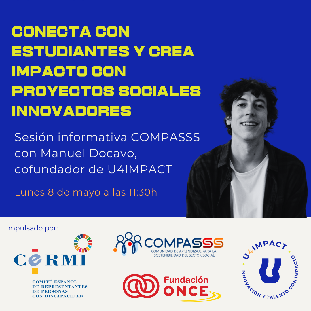 Cartel sobre la sesión informativa sobre U4Impact del lunes 8 de mayo en la que aparece su cofundador, Manuel Docavo.