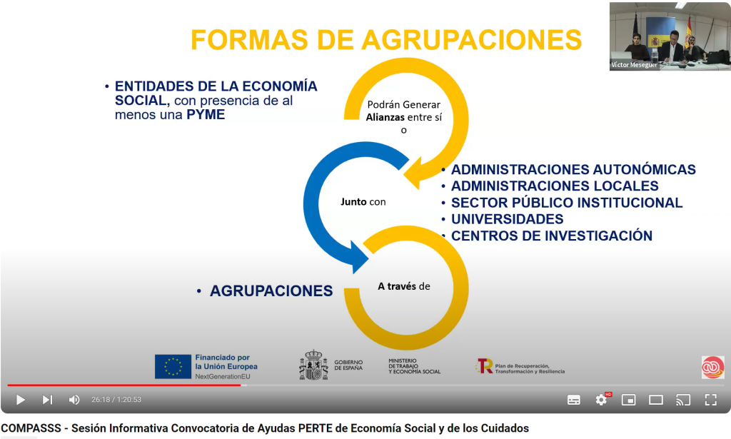 Fotograma del vídeo de la Sesión Informativa Convocatoria de Ayudas PERTE de Economía Social y de los Cuidados