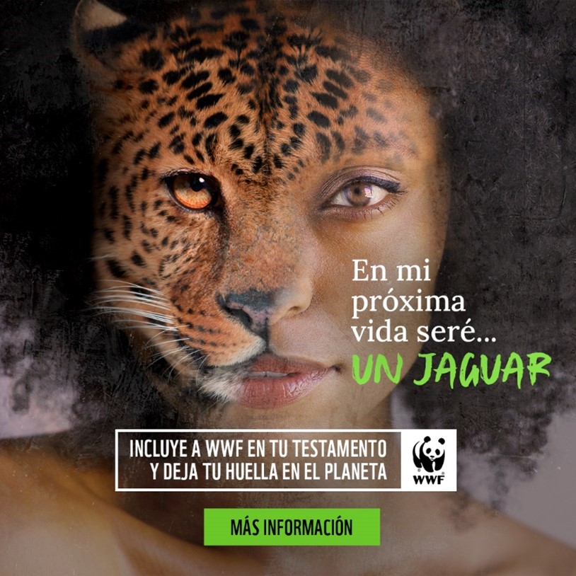 Campaña de WWF sobre legados en la que aparece un montaje: media cara de una mujer y la otra de un jaguar.